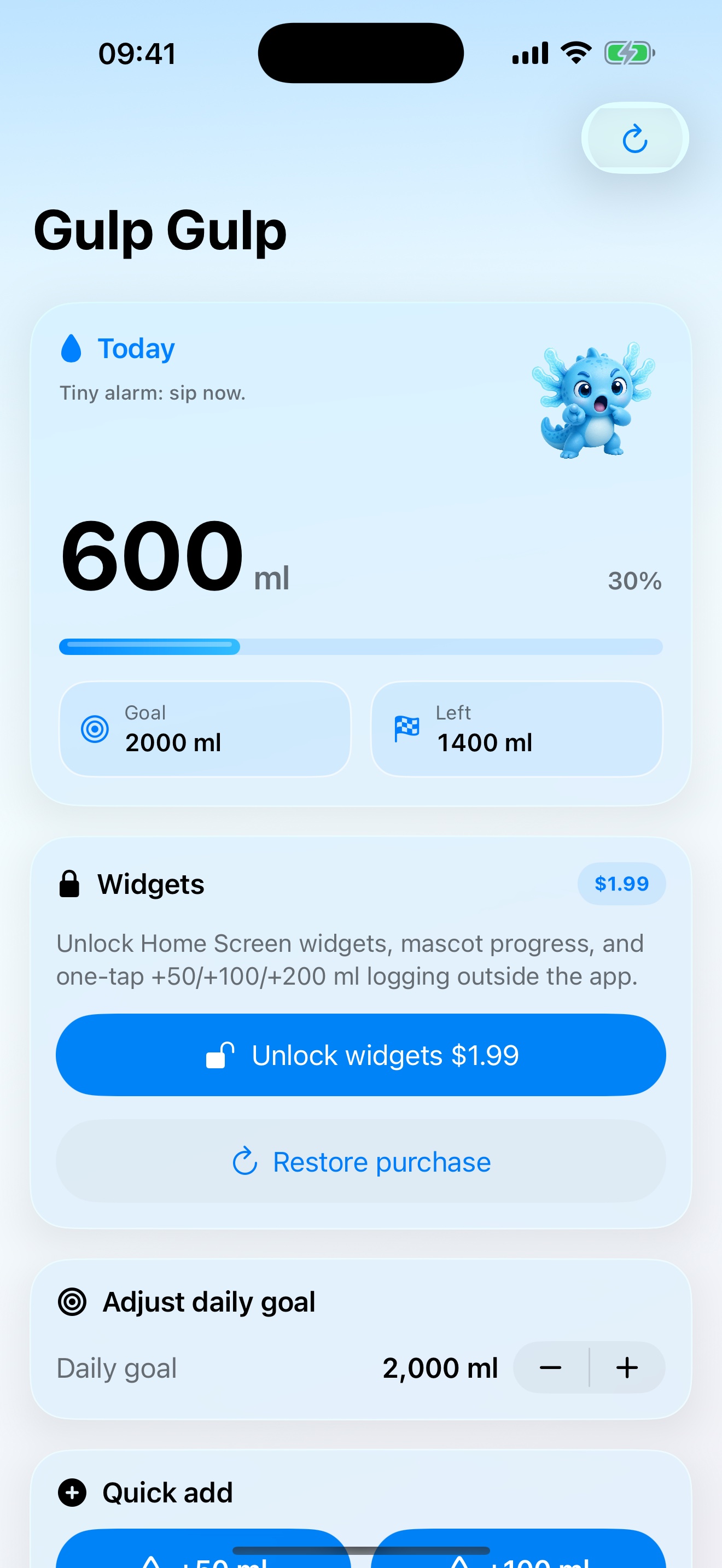 GulpGulp app showing 600 milliliters of daily hydration progress
